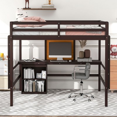 NicBex Full Size Bunk Bed with Desk Loft Bed Pine Frame Bed Frame with Writing Board, Lockers, Guardrails and Ladder, No Box Spring Required