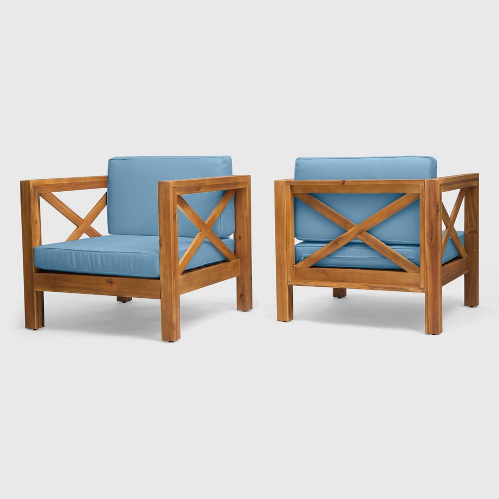 Photos - Garden Furniture Brava 2pk Acacia Wood Club Chairs - Teak/Blue - Christopher Knight Home: M