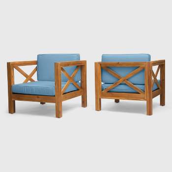 Brava 2pk Acacia Wood Club Chairs - Teak/Blue - Christopher Knight Home