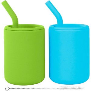 WeeSprout Silicone Baby Cups With Straws and Lids, 4 & 8 oz Options, Set of 2, Food Grade Toddler Training Container, Built In Straw Stoppers - 1 of 4