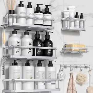 Attop 6-Pack Silver Shower Rack – Large-Capacity Bathroom Organizer with Soap Holder & 12 Hooks, No Drilling - 1 of 4