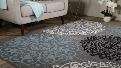 Gray and Blue Floral Synthetic Area Rug
