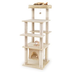 Costway Large Multi-level Cat Tree 58" Tall Cat Tower with Swaying Aerial Condo Perch Bed Brown/Beige - 1 of 4