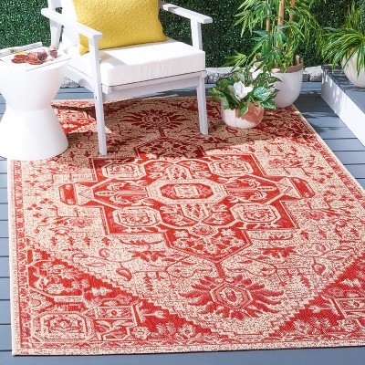 Red and Cream Synthetic Medallion Square Area Rug, 4'x4'