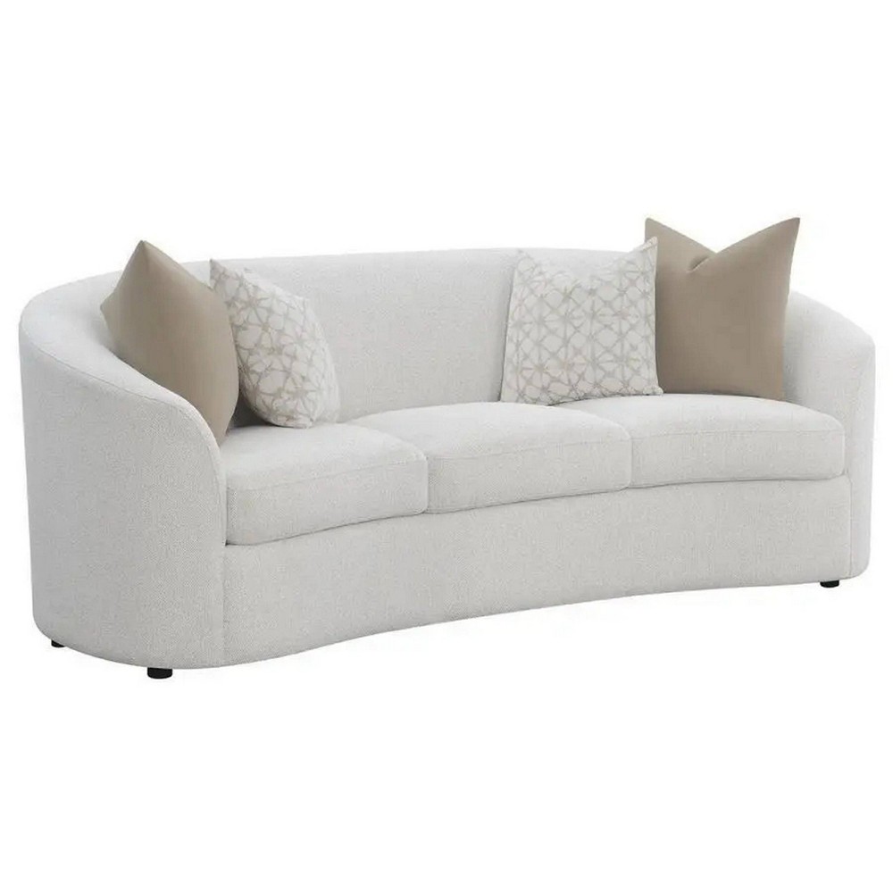 Benzara Tia 89 Inch Modern Curved Sofa with 2 Throw Pillows Cream Boucle Fabric