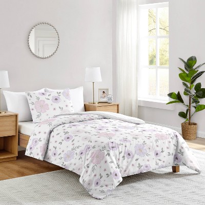 Lavender and Gray Watercolor Floral Twin Comforter Set