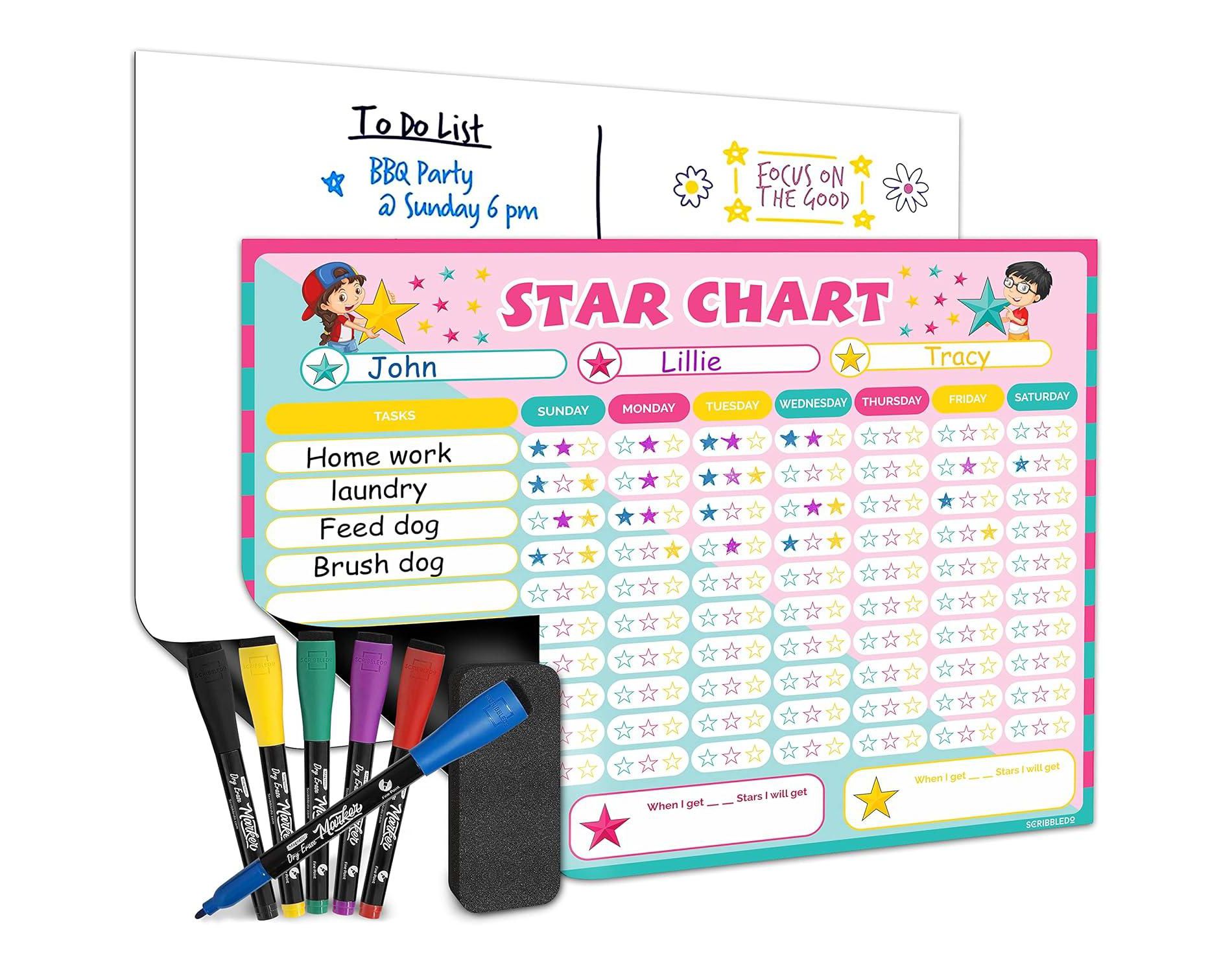 SCRIBBLEDO Magnetic Reward Chart for Kids 13"x17" Blank Dry Erase Magnet with 6 Markers & Eraser