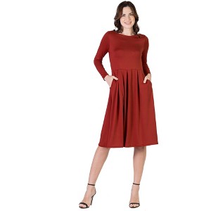 Womens Round Neck Long Sleeve Pleated Fit N Flare Pocket Midi Dress - 24seven Comfort Apparel™ - 1 of 4