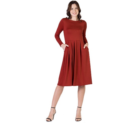 24seven Comfort Apparel Womens Midi Length Fit N Flare Pocket Dress-rust-1x  : Target