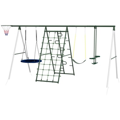 DSVIMOY Swing Set for Backyard, 5-in-1 Outdoor Playset for Kids, with Saucer Swing, Slide, Swing Seats, Green, 162.2"*70.9"*79.5"