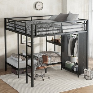 KWPZQEB King over Twin XL Size Bunk Bed, Metal Bunk Bed with Desk Built-in Wardrobe, Ladder & Guardrails, Easy Assembly, No Box Spring Needed, Black - 1 of 4