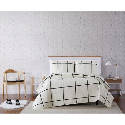 Truly Soft Everyday Twin Extra Long Kurt Windowpane Quilt Set Ivory/Black