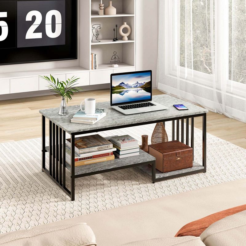Costway Faux Marble Coffee Table Rectangular 2-Tier Center Table with Open Storage Shelf, 5 of 11