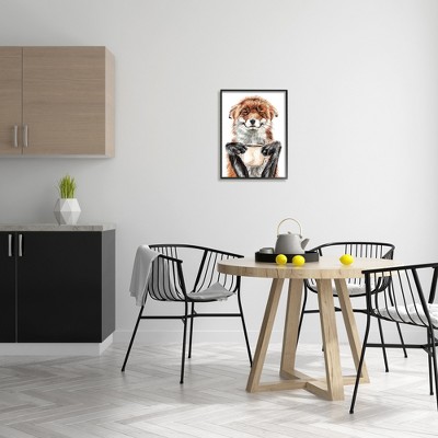 Happy Fox with Coffee Black Framed Canvas Print, 16 x 20