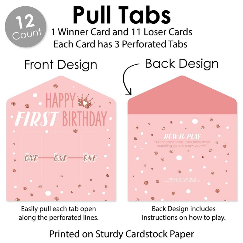 Big Dot of Happiness 1st Birthday Little Miss Onederful - Girl First Birthday Party Game Pickle Cards - Pull Tabs 3-in-a-Row - Set of 12, 5 of 7