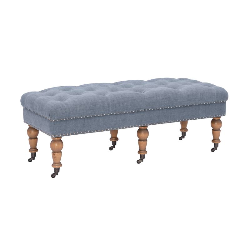 50&#34; Isabelle Traditional Linen Tufted Upholstered Nail head Wheeled Bench Blue - Linon, 1 of 10