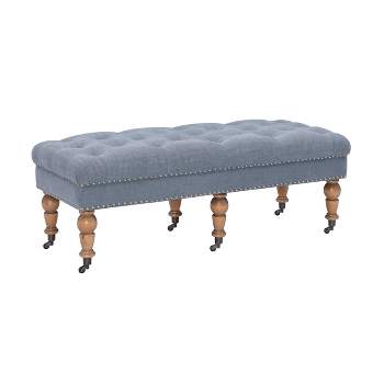 50" Isabelle Traditional Linen Tufted Upholstered Nail head Wheeled Bench Blue - Linon