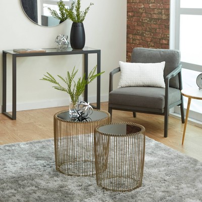 Elegant Gold Metal and Black Glass Round Accent Table Set