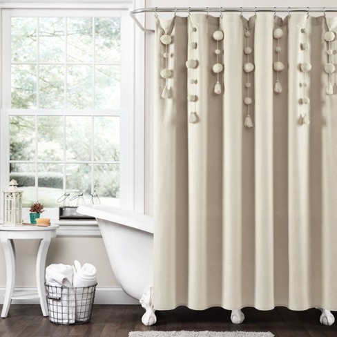 Boho Pom Tassel Linen Single Shower, Light Blue Ruffle Shower Curtains