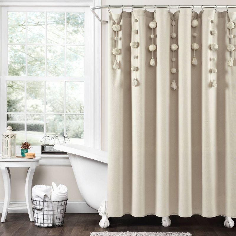 Boho Pom Pom Tassel Linen Single Shower Curtain - Lush Décor, 1 of 7