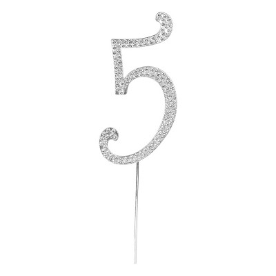O'Creme Rhinestone Silver-Colored Number-5 Cake Topper 4 Inch