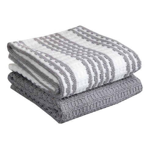 T-Fal Solid and Stripe Waffle Kitchen Towel, Set of 4 - Gray