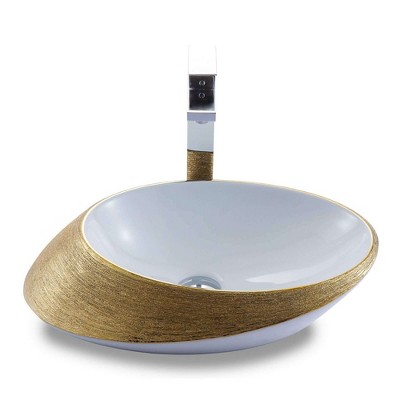 Brushed Gold and White Ceramic Oval Vessel Sink