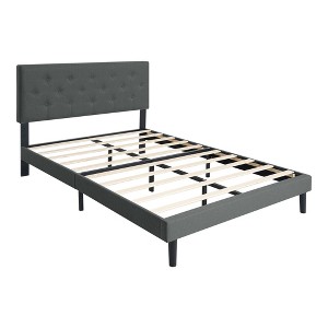 Gulches Dark  Gray Fabric Upholstered Frame Queen Platform Bed Tufted Headboard Wood Slat 600LBS Dark Gray - 1 of 4
