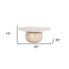 HomeRoots 35" White and Natural Wood And Faux Marble Round Pedestal Coffee Table - 3 of 4