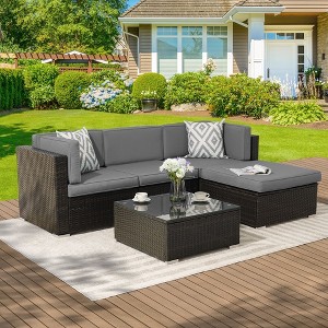 Sonkuki 5 Pieces Patio Conversation Set with Ottoman Sectional Sofa Set - 1 of 4