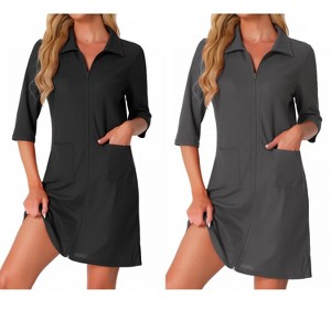 INSPIRE CHIC Women's 2 Pcs Zip Waffle Robes 3/4-Sleeve Bathrobe Knee-Length Housecoat Short Sleepwear with Pockets - 1 of 4
