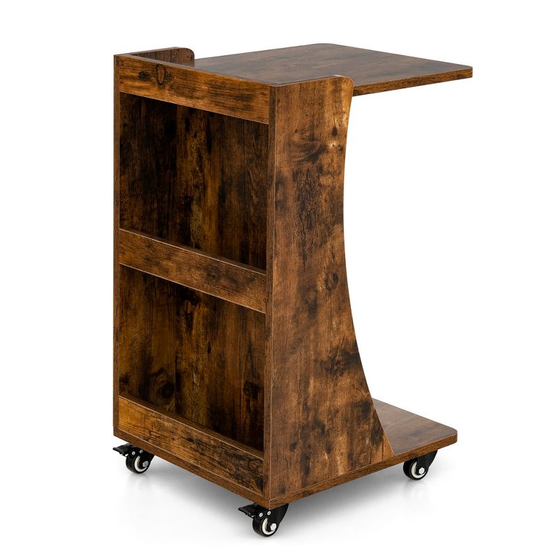 Costway Side Table with Rolling Casters Mobile C-shaped End Table with 2-Tier Open Storage Shelf &2 Back Storage Compartments Brown/Grey, 3 of 11