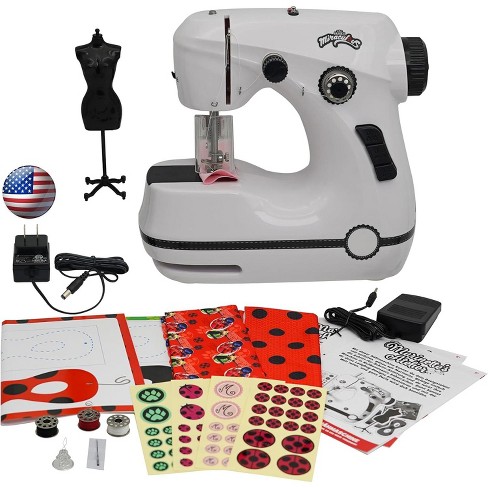 Miraculous Ladybug Marinette's Mini Portable Sewing Machine For Kids, Dual  Speed with Fabric, Black Mannequin, Superhero Mask Cutouts, And Foot Pedal