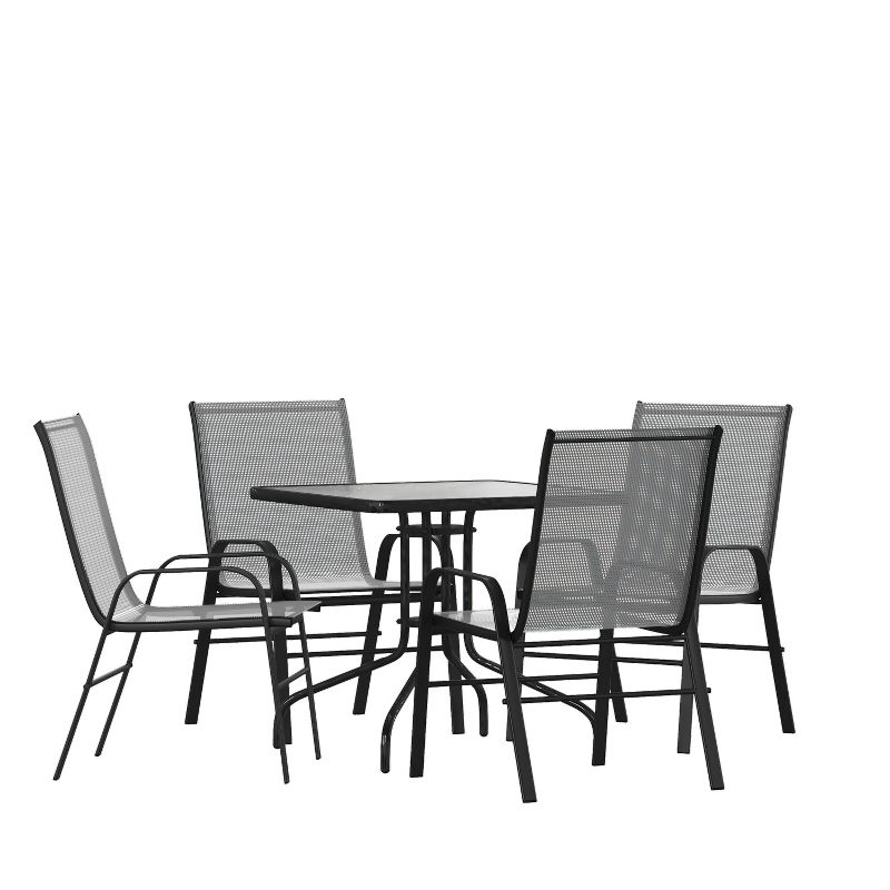Emma and Oliver Five Piece Patio Dining Set - Square Table with Powder Coated Frame and Tempered Glass Top & 4 Flex Comfort Stack Chairs, 1 of 11