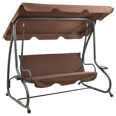 Coffee Brown Steel Outdoor Swing Bench with Canopy