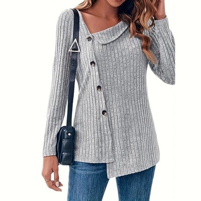 Women's Knit Sweater Long Sleeve Buttoned Collar Soft and Stylish Blouse Tops