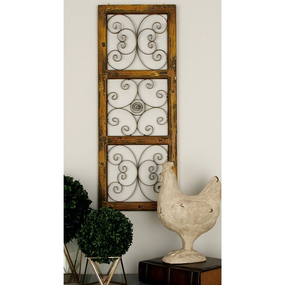 Photos - Wallpaper 36" x 14" Wood Scroll Window Inspired Wall Decor with Metal Scrollwork Rel
