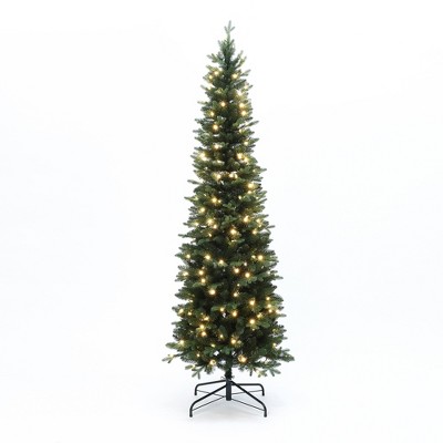 LuxenHome 7Ft Pre-Lit Green Artificial Slim Christmas Tree with Metal Stand