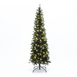 LuxenHome 7Ft Pre-Lit Green Artificial Slim Christmas Tree with Metal Stand - 1 of 4