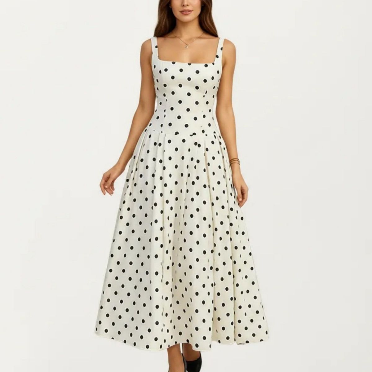 Anna-Kaci Women's Polka Dot Midi Dress with Square Neckline Wide Straps Fitted Bodice Pleated A Line Skirt Silhouette