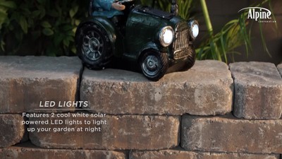 10" Green Polyresin Solar Gnome on Tractor with LED Lights