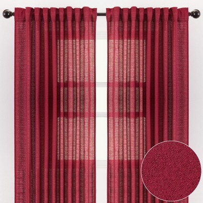 Maroon Faux Belgian Flax Semi-Sheer Window Curtain Panels 52 x 84 Inches