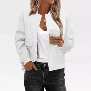 Women Fashion Cropped Bomber Jacket Casual Button Down Varsity Jackets Shackets With Pockets Trendy Outwear Winter Warm Coats - 1 of 4