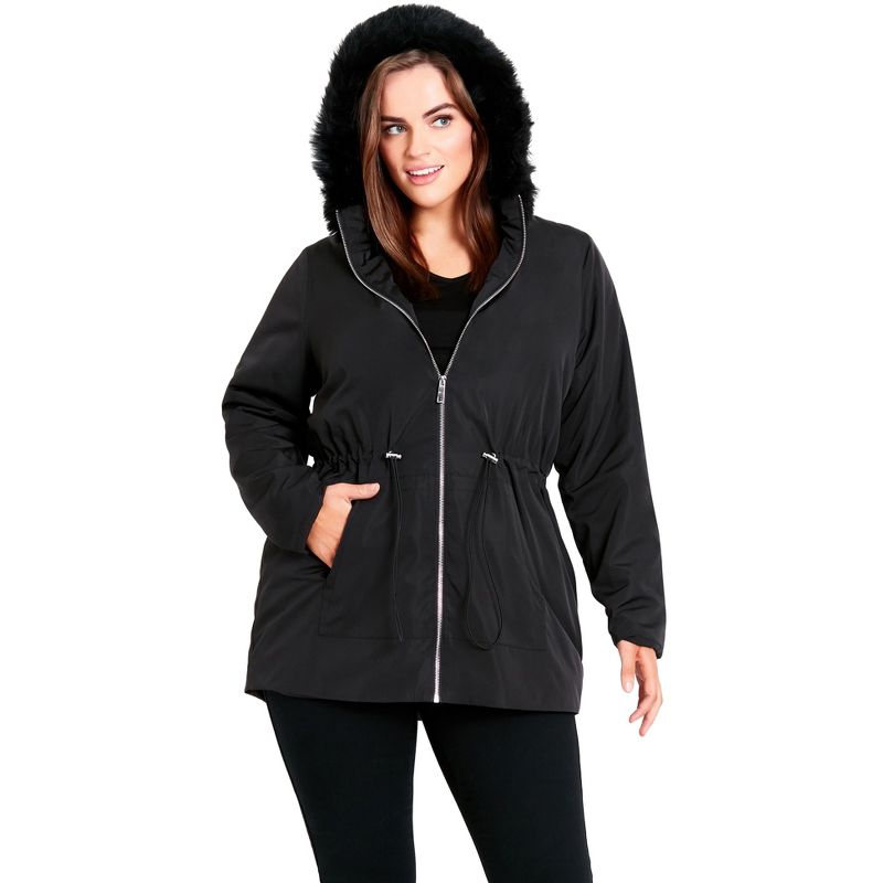 Women's Plus Size Faux Fur Lightweight Coat - black | EVANS, 1 of 4