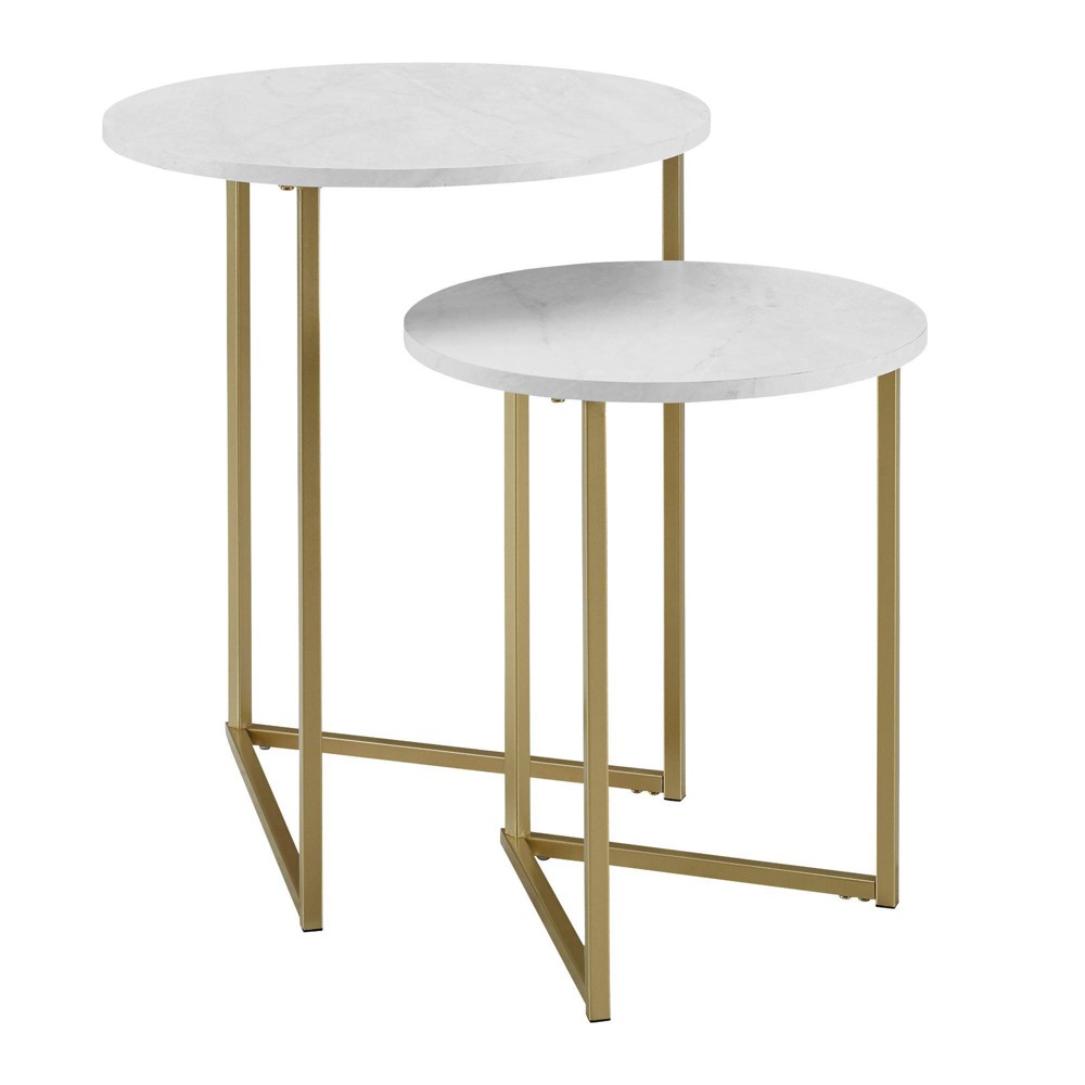 Photos - Coffee Table 2pc Glam V Leg Nesting Side Tables White Faux Marble/Gold - Saracina Home