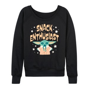 Women's - Star Wars - The Mandalorian Snack Enthusiast Grogu Lightweight French Terry Wide Neck Long Sleeve Graphic Shirt - 1 of 4