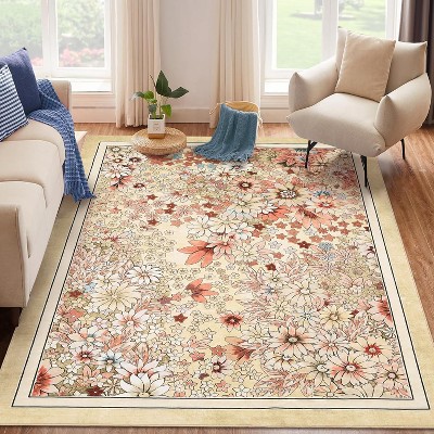 Machine Washable Boho Rug - Non-Slip Vintage Floral Low Pile Area Carpet for Living Room, Bedroom, Dining, Farmhouse, Playroom
