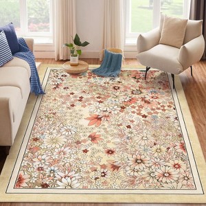 Machine Washable Boho Rug - Non-Slip Vintage Floral Low Pile Area Carpet for Living Room, Bedroom, Dining, Farmhouse, Playroom - 1 of 4