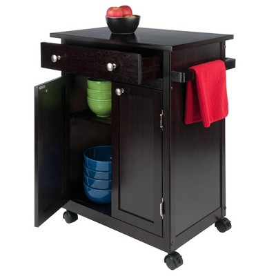Transitional Espresso Wood Kitchen Cart with Storage and Towel Bar