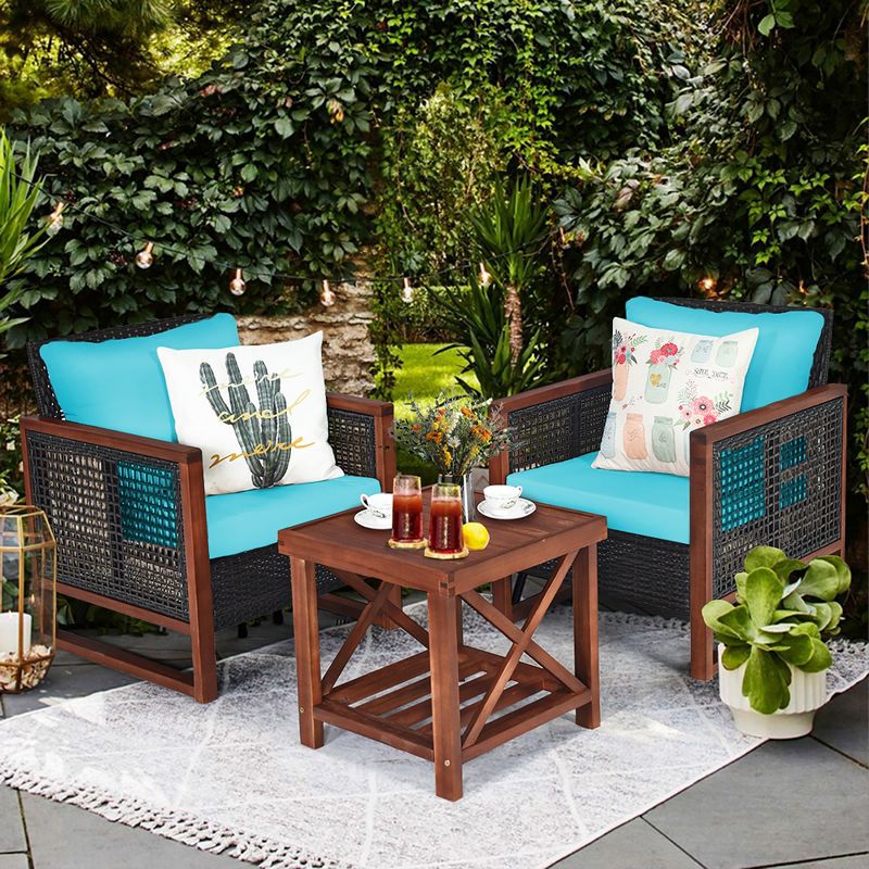 Costway 3PCS Patio Wicker Furniture Set Solid Wood Frame Cushion Sofa w/ Square Table Shelf, 2 of 11